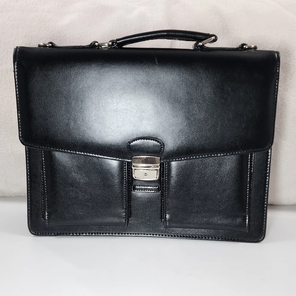 Classic Briefcase Laptop Computer Bag Documents Faux Leather Black 15x11x5